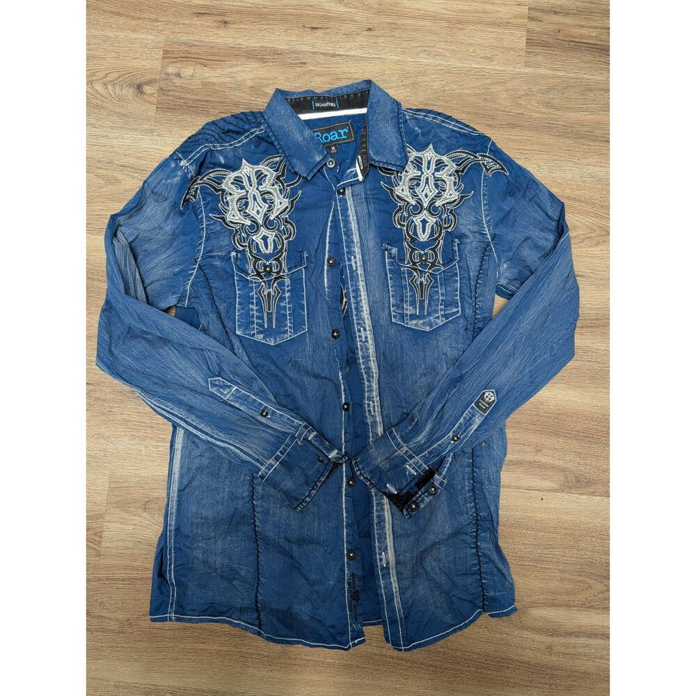 Mens Med Blue ROAR Long Sleeve ButtonUp Signature Shirt Ornate White Embroidery